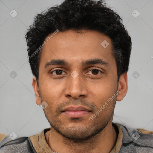 Neutral latino young-adult male with short  black hair and brown eyes