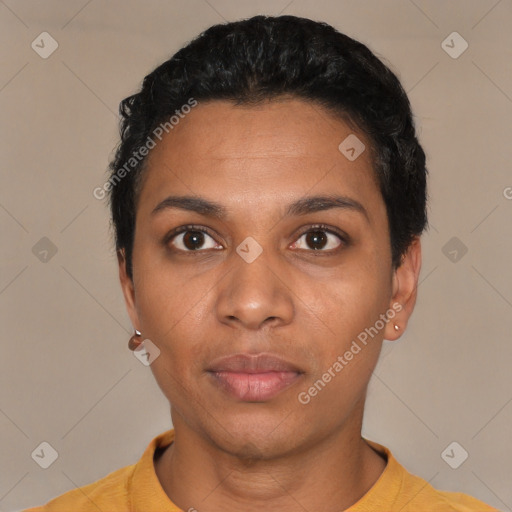 Neutral latino young-adult female with short  black hair and brown eyes