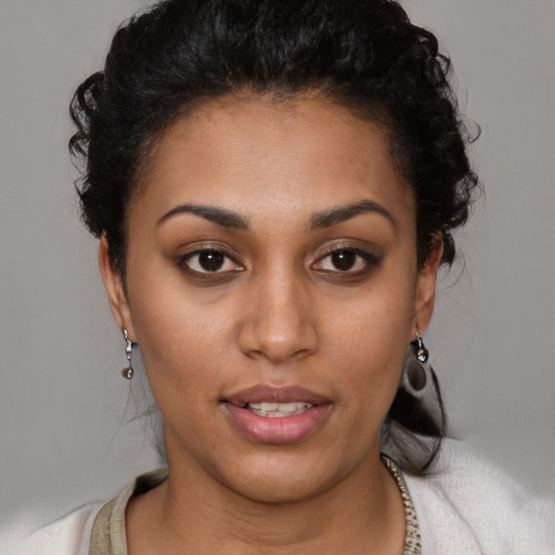 Neutral latino young-adult female with short  brown hair and brown eyes