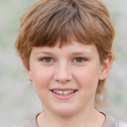 Joyful white child female with medium  brown hair and grey eyes