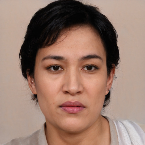 Neutral asian young-adult female with medium  black hair and brown eyes