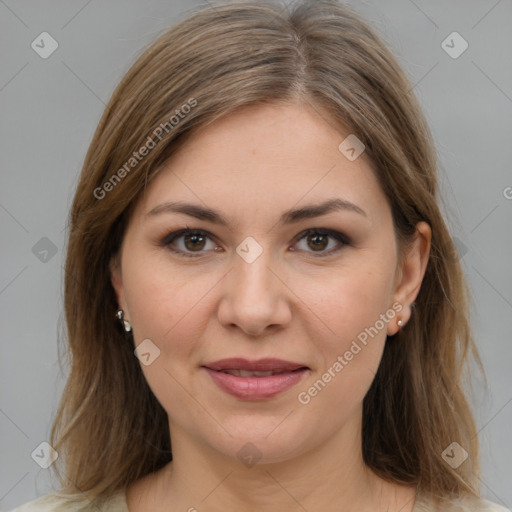 Joyful white young-adult female with medium  brown hair and brown eyes