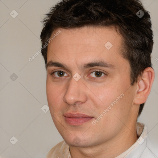 Joyful white young-adult male with short  brown hair and brown eyes