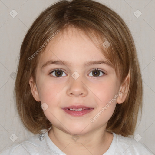 Joyful white child female with medium  brown hair and brown eyes