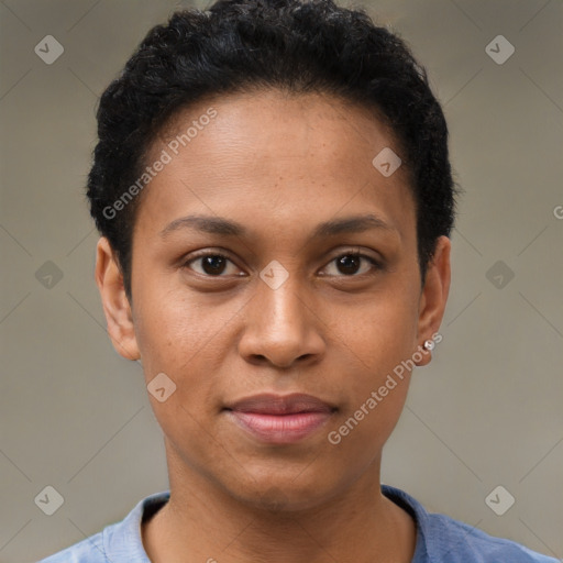 Joyful black young-adult female with short  brown hair and brown eyes