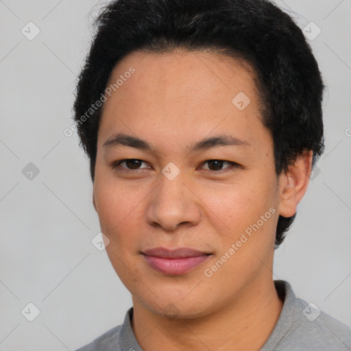 Joyful asian young-adult female with short  brown hair and brown eyes