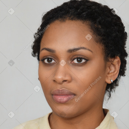 Neutral black young-adult female with short  black hair and brown eyes