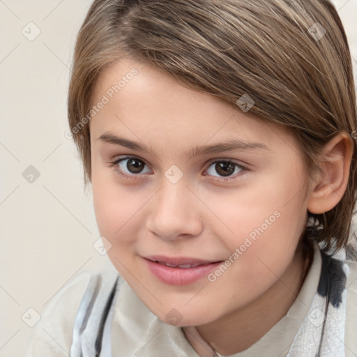 Joyful white child female with medium  brown hair and brown eyes