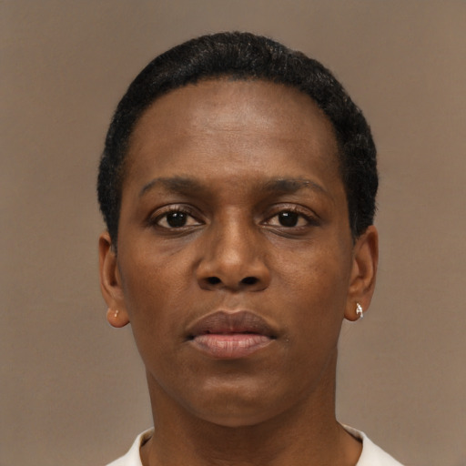 Neutral black young-adult female with short  brown hair and brown eyes