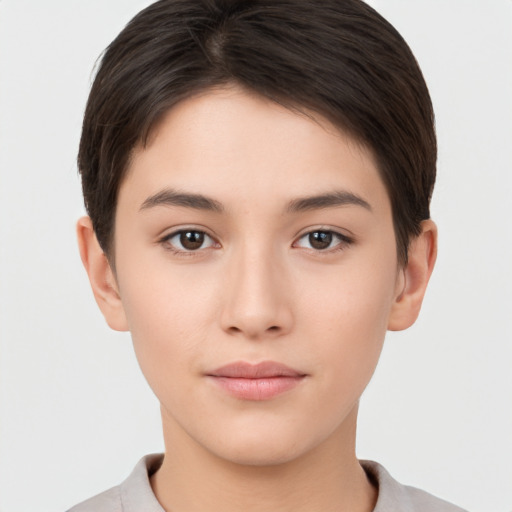 Neutral white young-adult female with short  brown hair and brown eyes