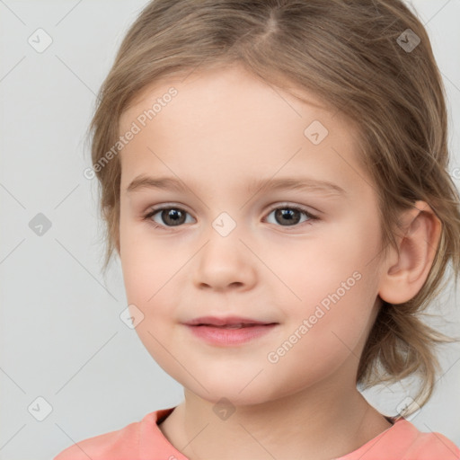 Joyful white child female with medium  brown hair and brown eyes