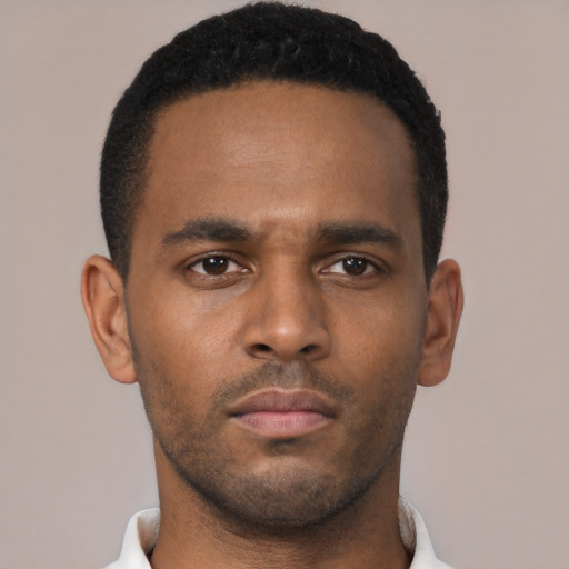 Neutral black young-adult male with short  black hair and brown eyes