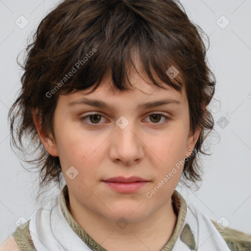 Neutral white young-adult female with medium  brown hair and brown eyes