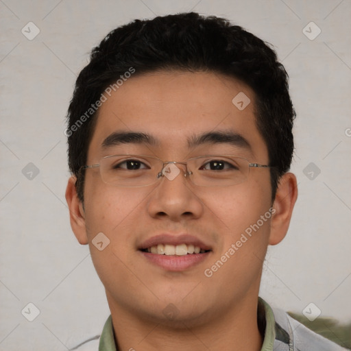 Joyful asian young-adult male with short  black hair and brown eyes