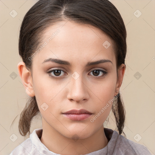 Neutral white young-adult female with medium  brown hair and brown eyes