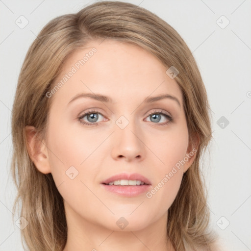 Neutral white young-adult female with long  brown hair and grey eyes