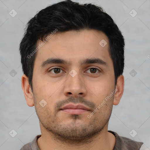 Neutral asian young-adult male with short  black hair and brown eyes