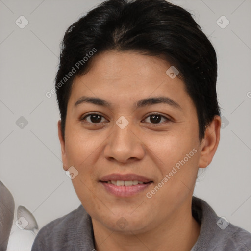 Joyful asian young-adult female with short  brown hair and brown eyes