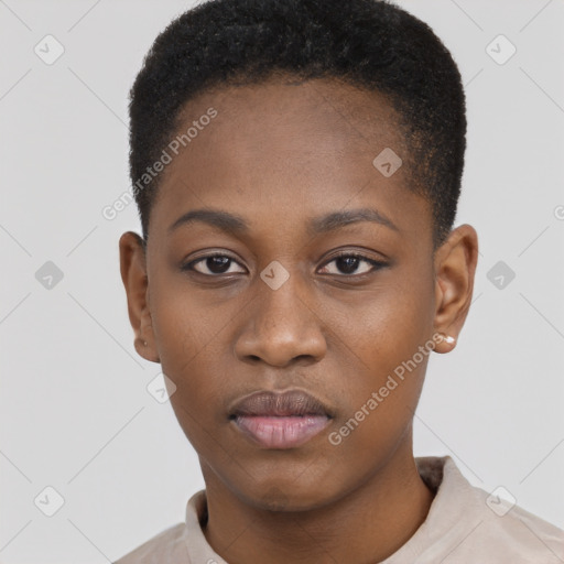 Neutral black young-adult female with short  black hair and brown eyes