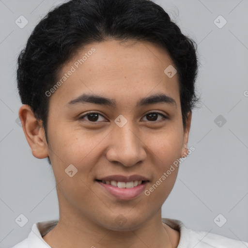 Joyful latino young-adult male with short  brown hair and brown eyes