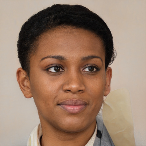 Joyful black young-adult female with short  black hair and brown eyes