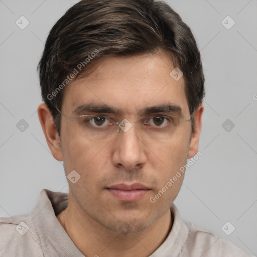 Neutral white young-adult male with short  brown hair and brown eyes