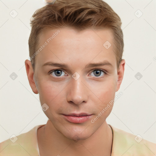 Neutral white young-adult male with short  brown hair and grey eyes