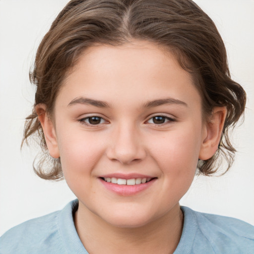 Joyful white child female with medium  brown hair and brown eyes