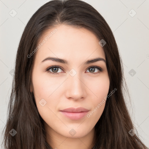 Neutral white young-adult female with long  brown hair and brown eyes