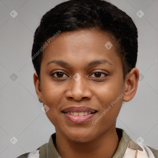 Joyful black young-adult female with short  brown hair and brown eyes