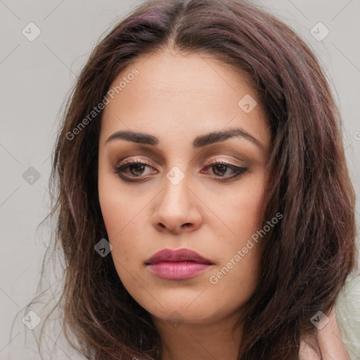 Neutral white young-adult female with long  brown hair and brown eyes