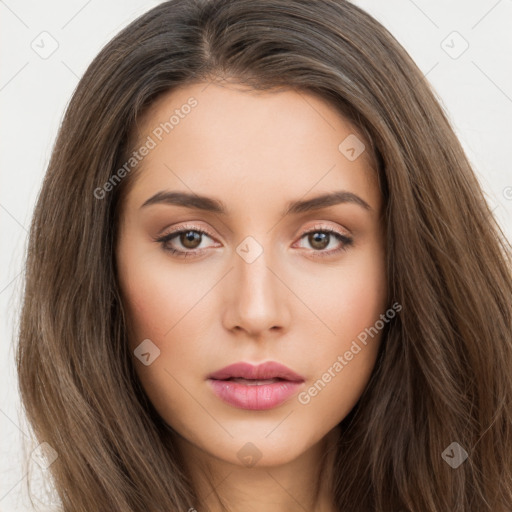 Neutral white young-adult female with long  brown hair and brown eyes