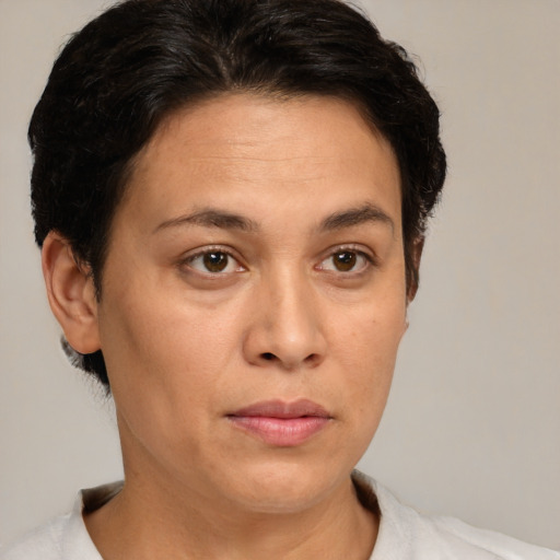 Neutral white adult female with short  brown hair and brown eyes