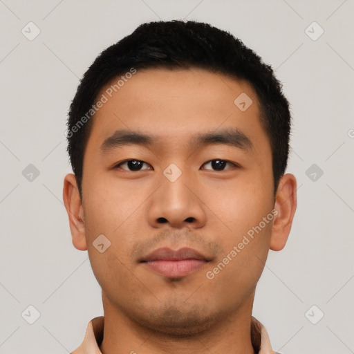 Neutral asian young-adult male with short  black hair and brown eyes