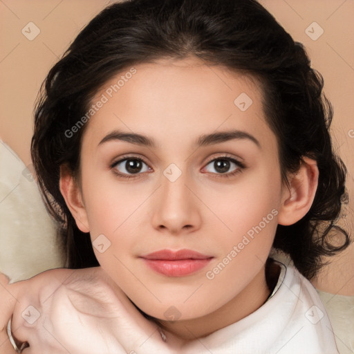 Neutral white young-adult female with medium  brown hair and brown eyes