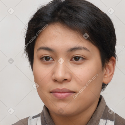 Joyful asian young-adult female with short  brown hair and brown eyes