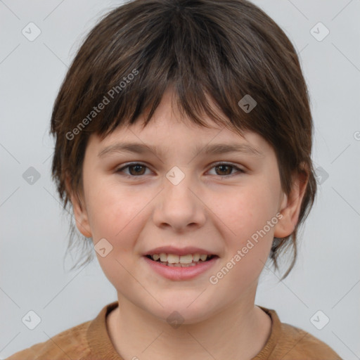 Joyful white child female with medium  brown hair and brown eyes