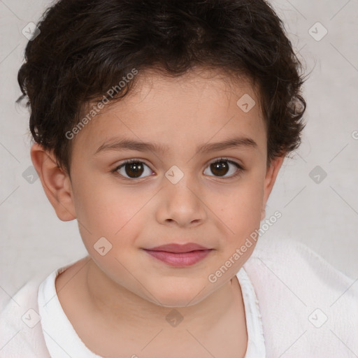 Joyful white child female with short  brown hair and brown eyes