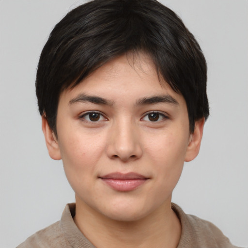 Joyful white young-adult female with short  black hair and brown eyes