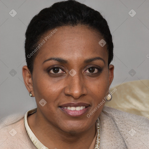 Joyful black young-adult female with short  brown hair and brown eyes