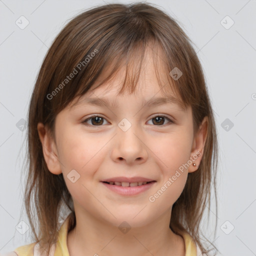 Joyful white child female with medium  brown hair and brown eyes