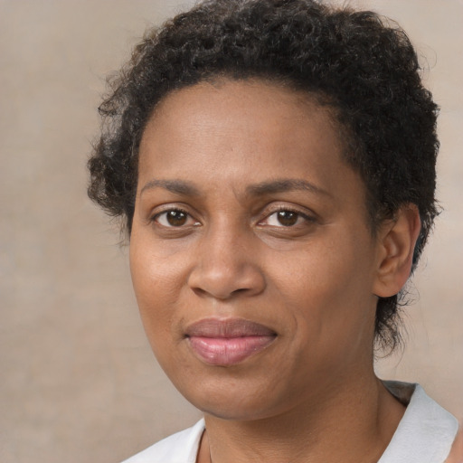 Joyful black adult female with short  brown hair and brown eyes