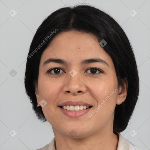 Joyful asian young-adult female with medium  black hair and brown eyes