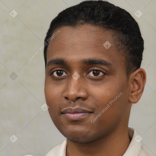 Neutral black young-adult male with short  black hair and brown eyes