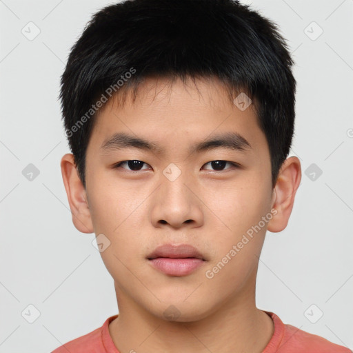 Neutral asian young-adult male with short  brown hair and brown eyes