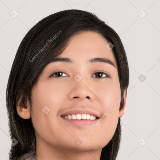 Joyful white young-adult female with long  black hair and brown eyes