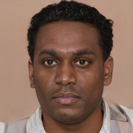 Neutral black young-adult male with short  black hair and brown eyes