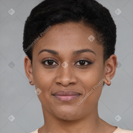 Joyful latino young-adult female with short  brown hair and brown eyes