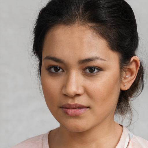 Neutral white young-adult female with medium  brown hair and brown eyes