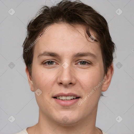 Joyful white young-adult female with short  brown hair and brown eyes